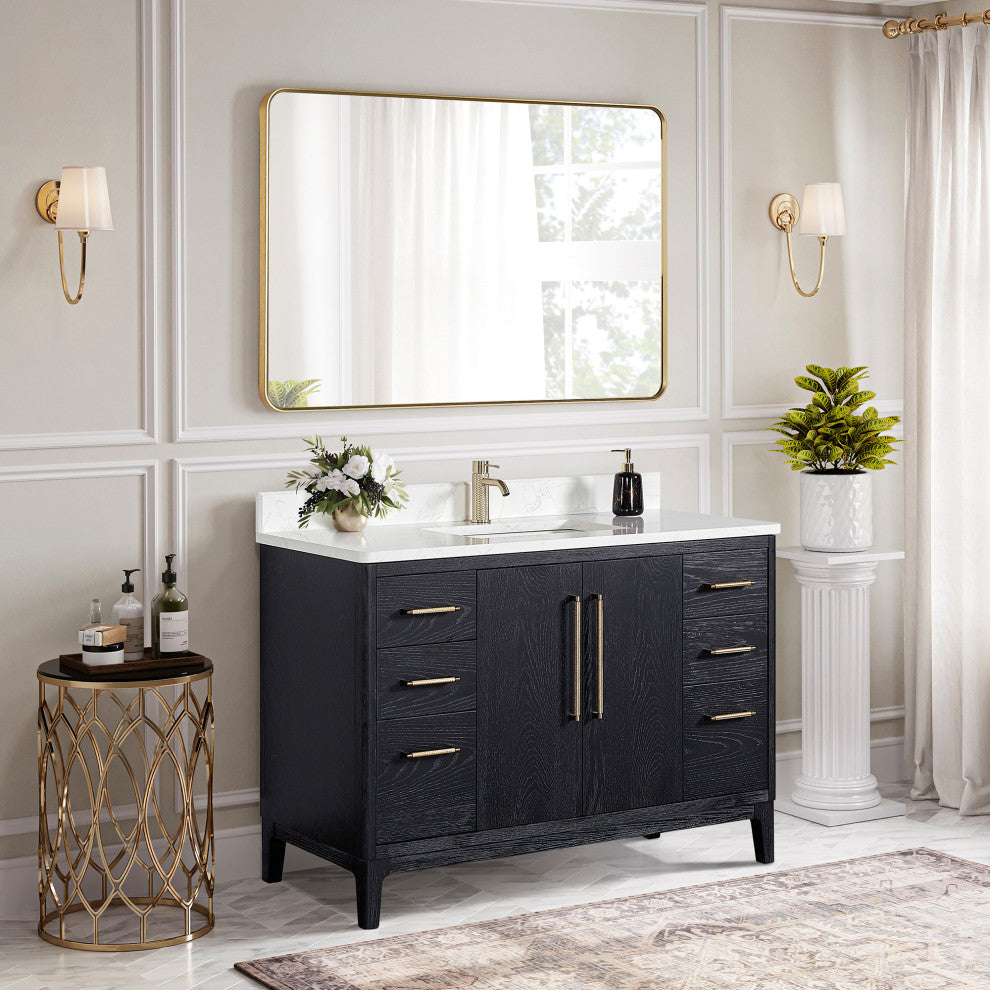 Gara Bath Vanity, Stone Top, Fir Wood Black, 48", Single Vanity, With Mirror