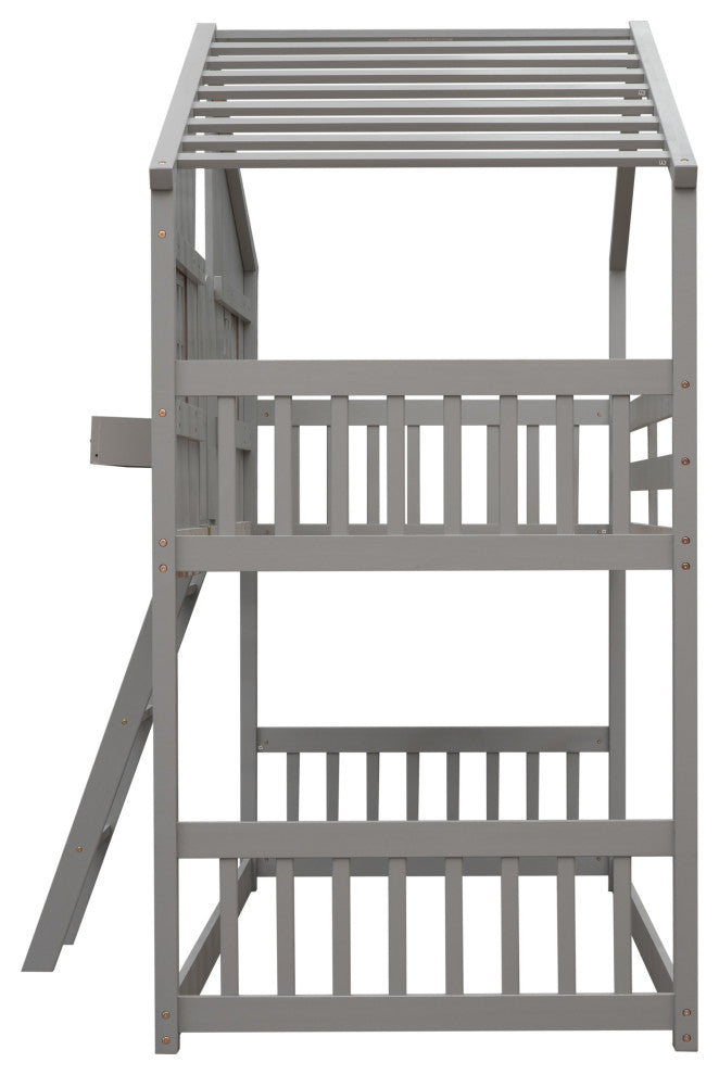 Twin over Twin Low Height Wood House Bunk Bed with Roof and Ladder, Grey