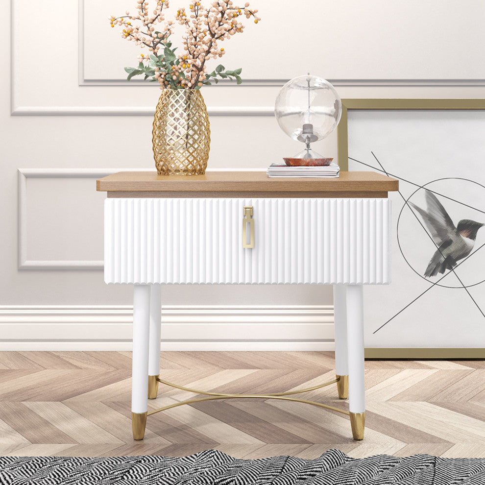 Modern White Nightstand Wood Nightstand Bedside Table with Drawer in Gold