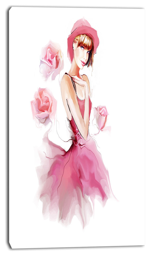 "Woman in Pink Dress and Hat" Digital Portrait Canvas Print, 16"x32"