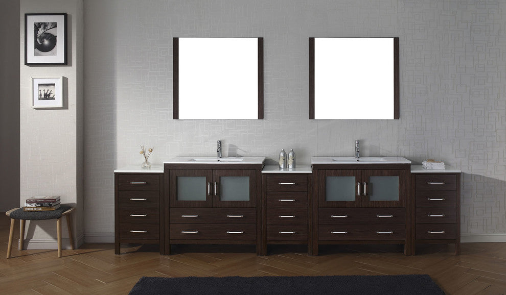 Virtu Dior 126" Double Bathroom Vanity, Espresso, Faucet, Mirrors