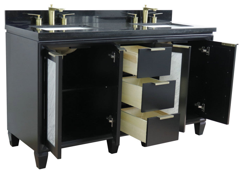 61" Double Sink Vanity, Black Finish With Black Galaxy Granite
