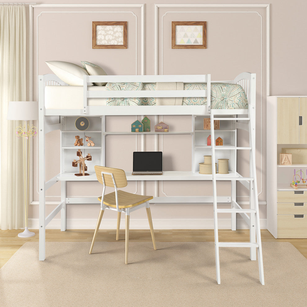 Gewnee Wood Twin Loft Bed with Storage Shelves, Desk and Ladder in White