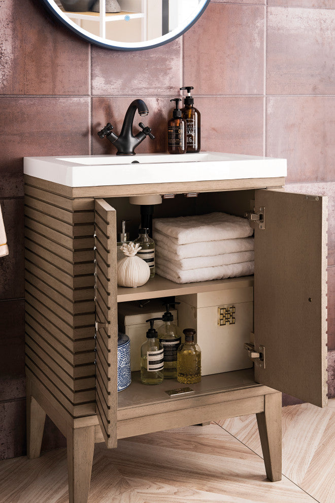 Linden 24" Vanity, Whitewashed Walnut, White Glossy Resin Countertop