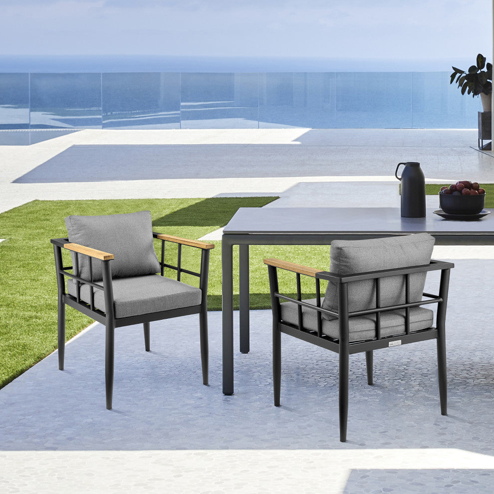 Beowulf Outdoor Dining Chair, Aluminum and Teak With Gray Cushions , Set of 2