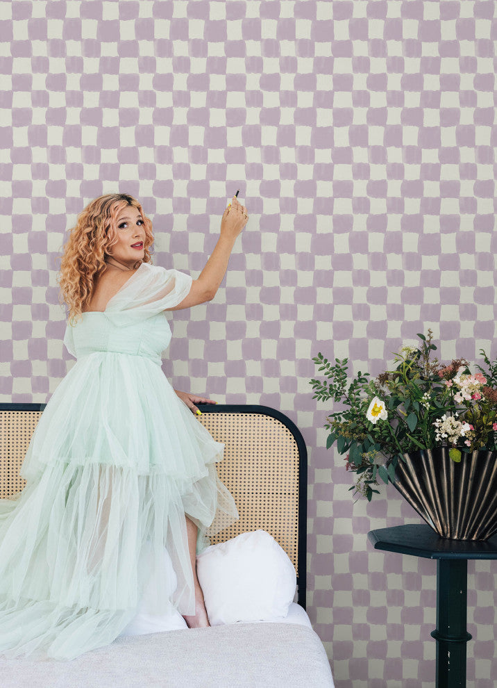 Mr. Kate Tess Watercolor Soft Lavender Checker Peel and Stick Wallpaper