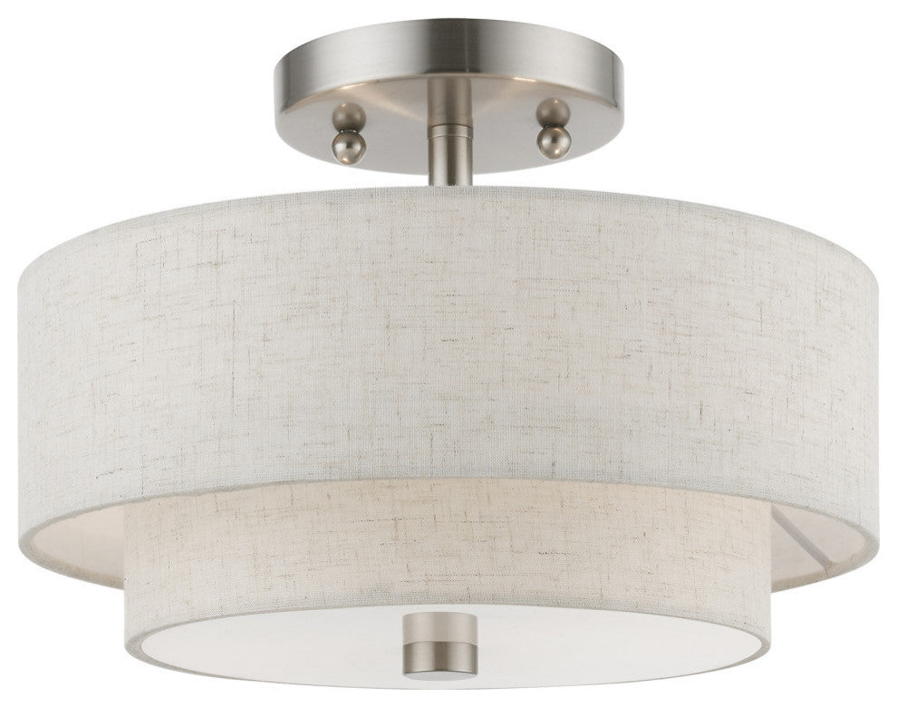 Meridian 2 Light Brushed Nickel Semi-Flush Mount With Oatmeal Shade