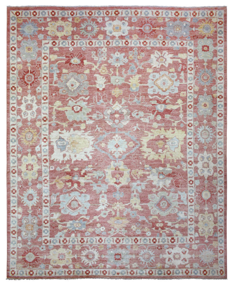 Coral Red, Angora Ushak Soft Wool, Hand Knotted Oversized Rug, 11'7" x 14'6"