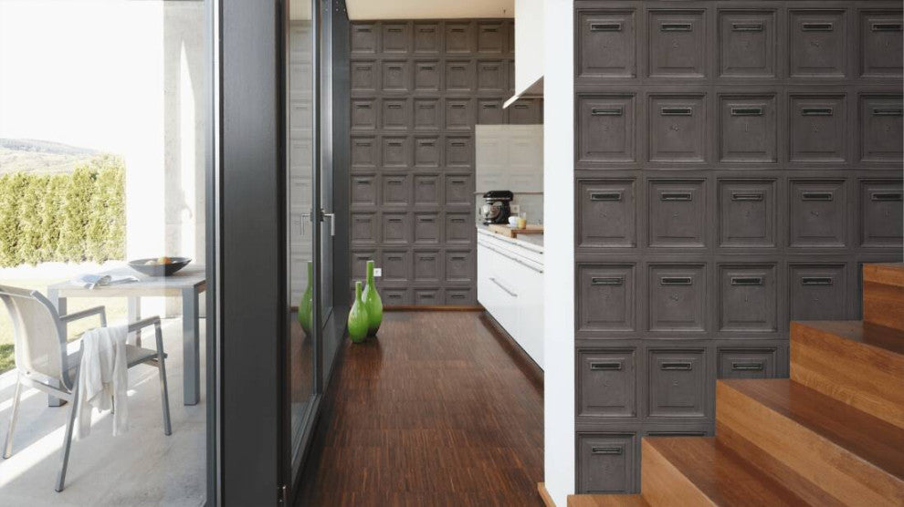 Loft Nature Textured Wallpaper, Numbered Post Boxes, Black Brown, Sample