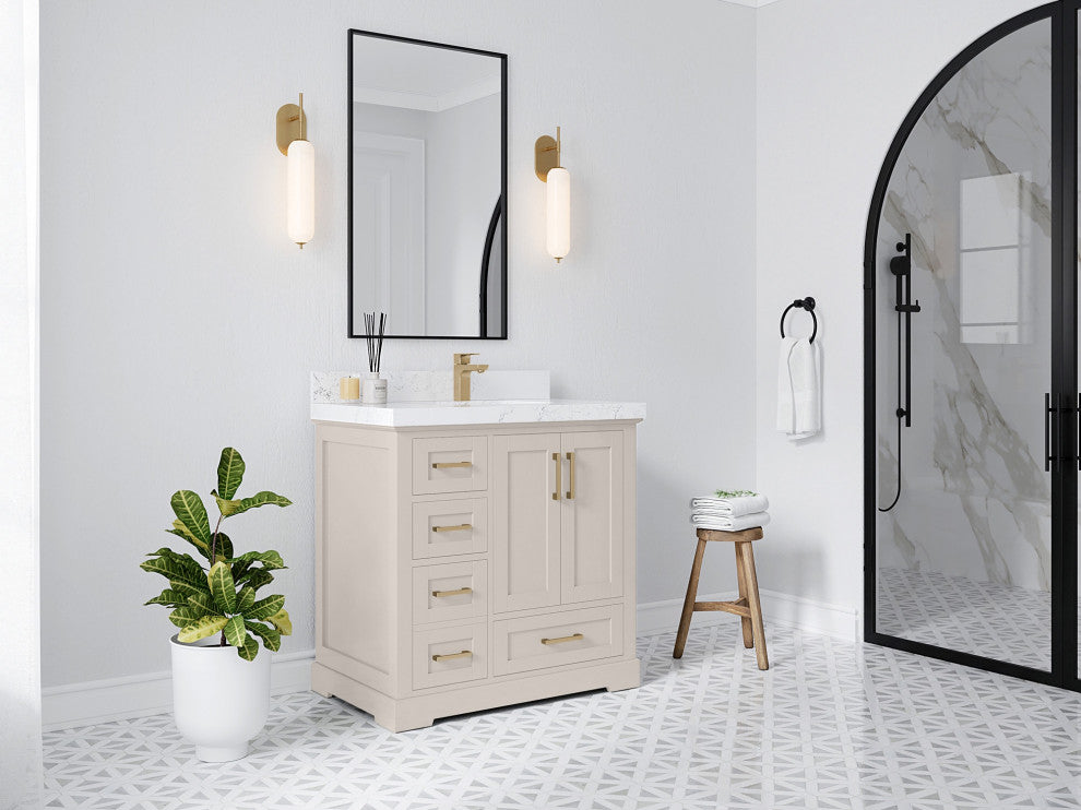 Boston 36" Right Offset Bath Vanity in Fine Grain 2" Calacatta Gold