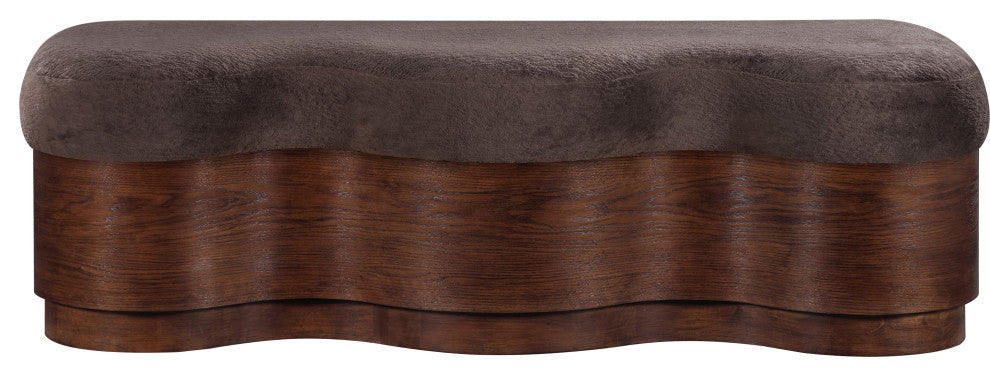 Savoy Upholstered Bench, Brown, Velour Fur Fabric, Walnut Finish