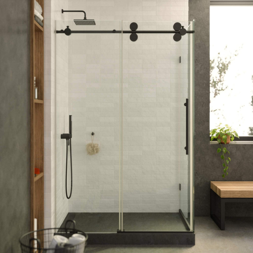 Frameless Shower Enclosure Sliding Shower Glass Door - Tempered Glass, Black, 48"