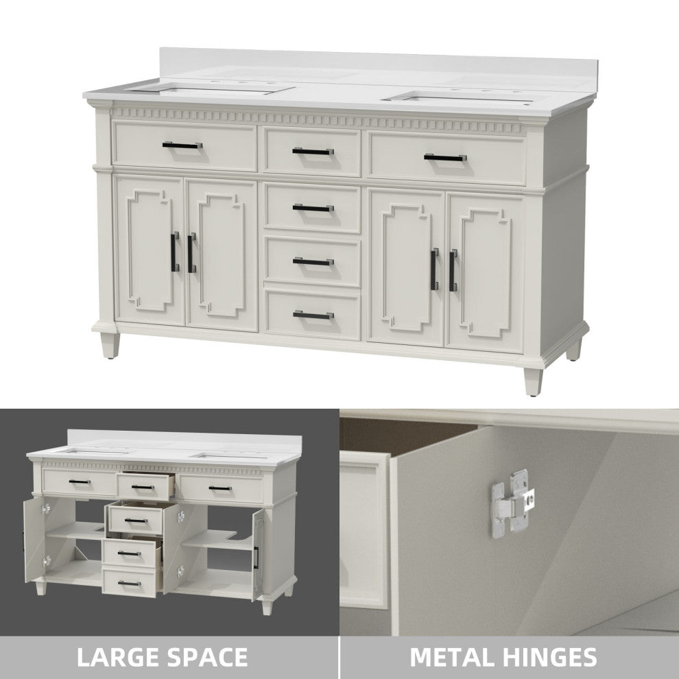 60''Wood Bathroom Vanity Set, With Drawers, Marble Top And Undermount Sink, White