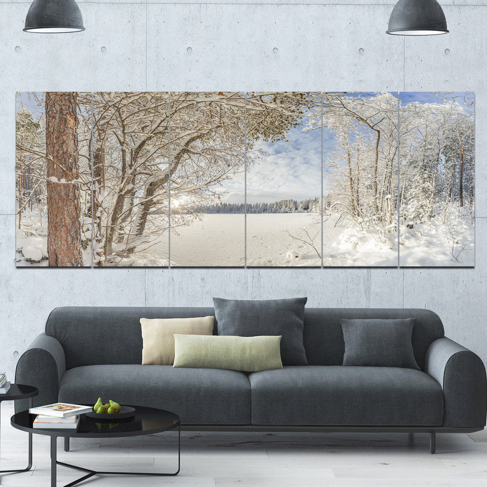 Lake in Winter Woods, Landscape Canvas Art Print, 70"x28", 6 Panels