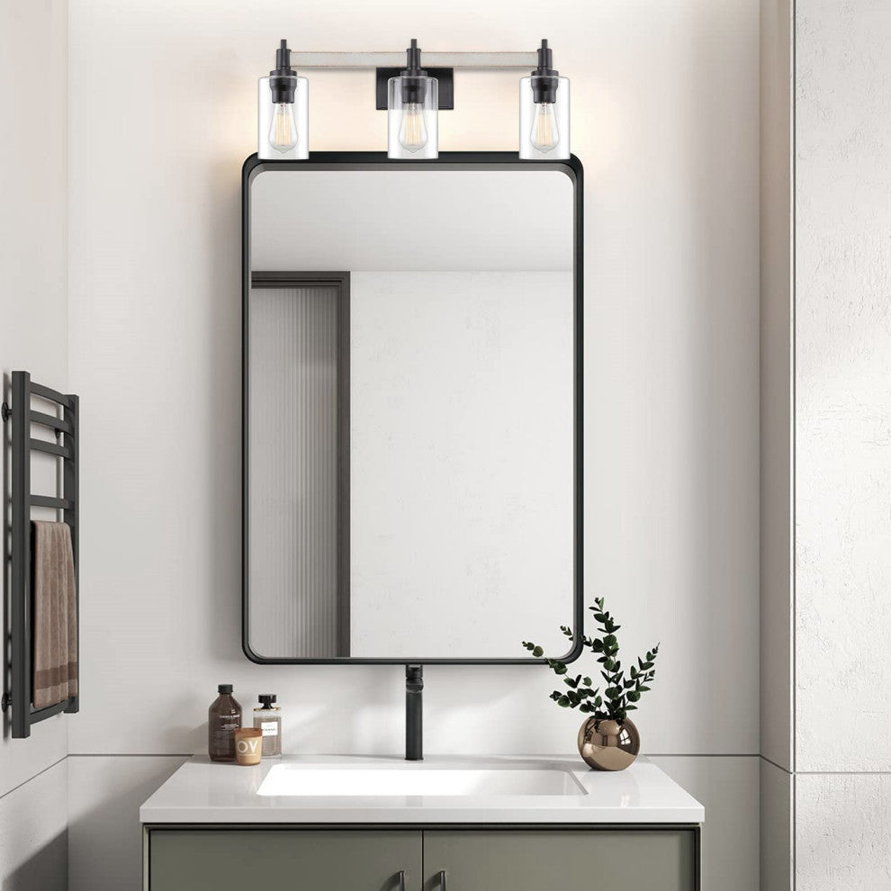 Kira Home Theo 25" Farmhouse Bathroom Light, Cylinder Glass Shades, White Ash