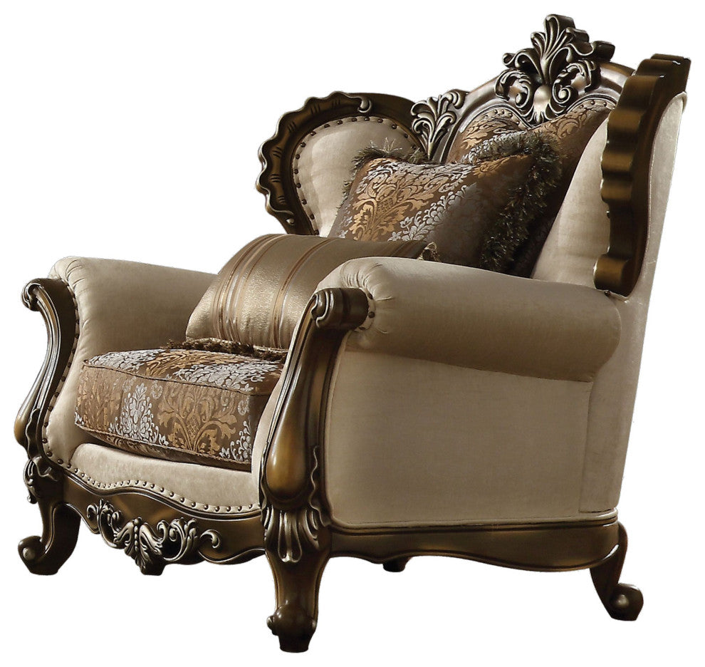 Latisha Chair With 2 Pillow, Tan, Pattern Fabric and Antique Oak
