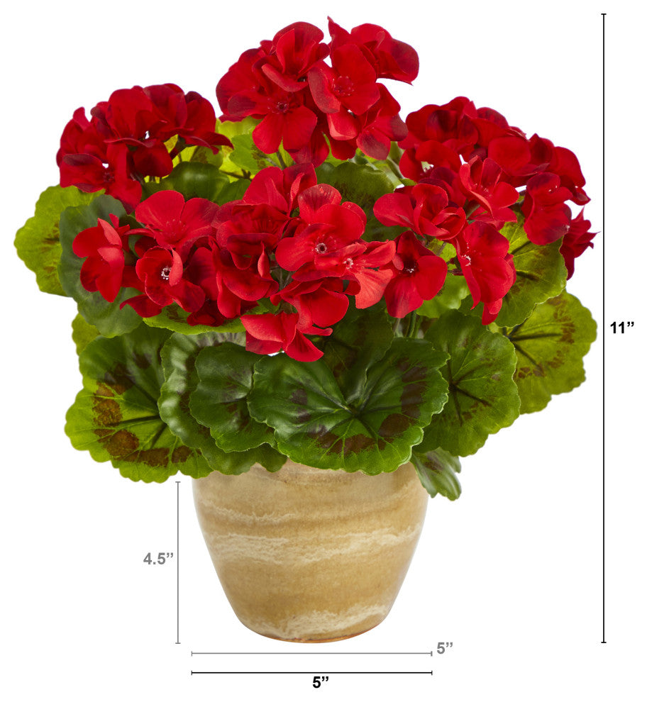11" Geranium Artificial Plant, Ceramic Planter UV Resistant, Indoor/Outdoor