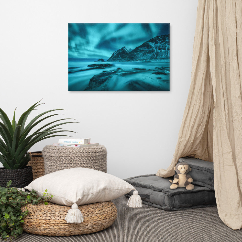 Blue Northern Lights and Mountain Coast Landscape Photo Canvas Wall Art Prints, 24" X 36"