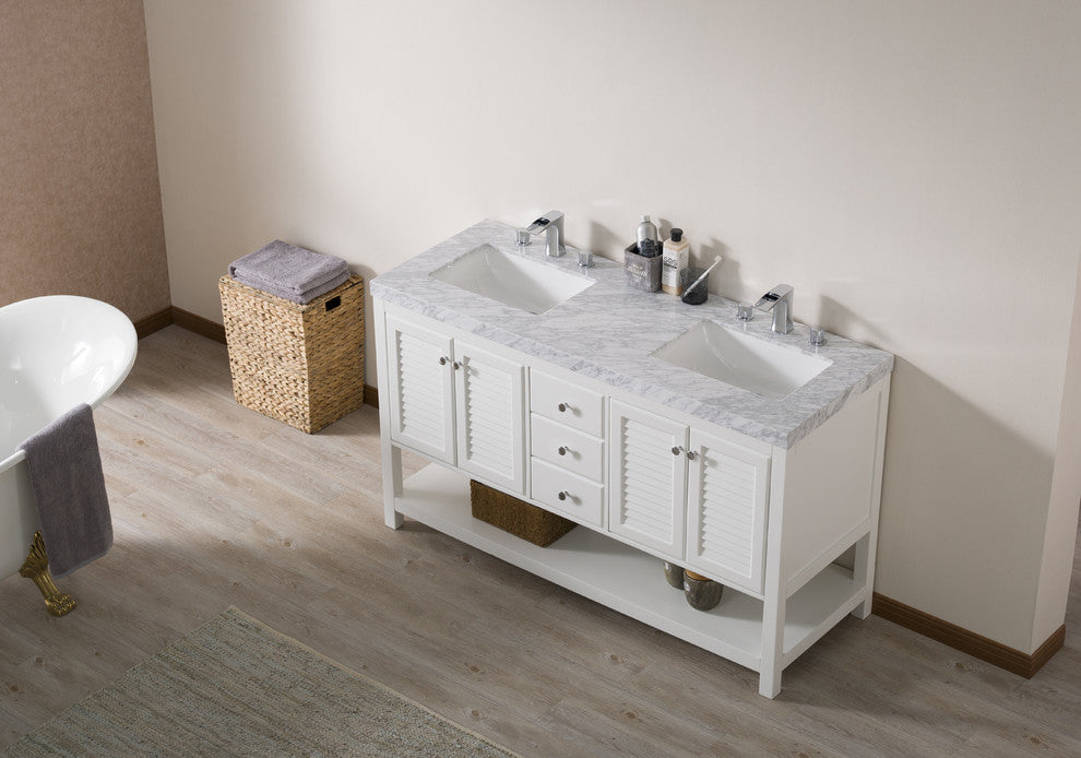 Stufurhome Luthor 60" White Double Sink Bathroom Vanity, Without Faucet