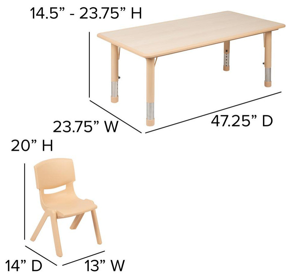 23.625"x47.25" Plastic Height Adjustable Table With 6 Chairs, Natural