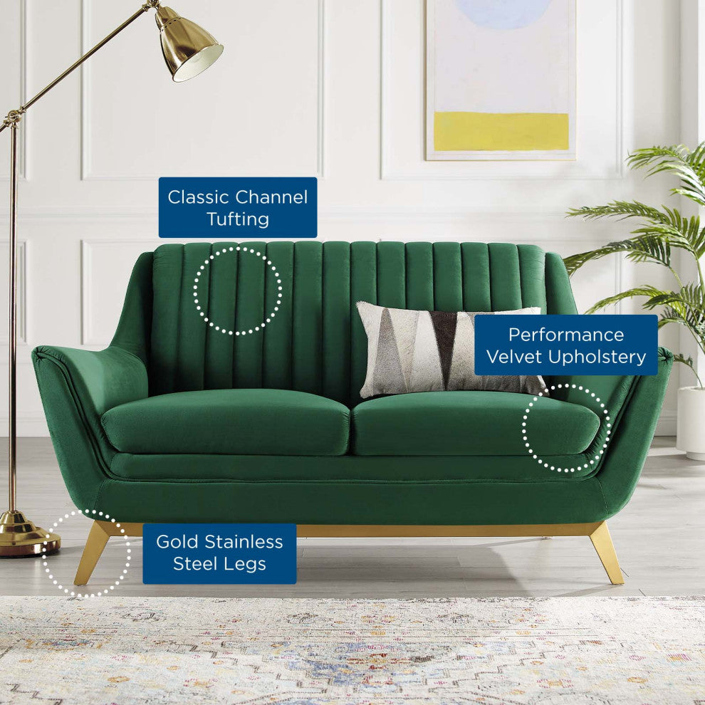 Tufted Loveseat Sofa, Velvet, Green, Modern, Living Lounge Hotel Hospitality