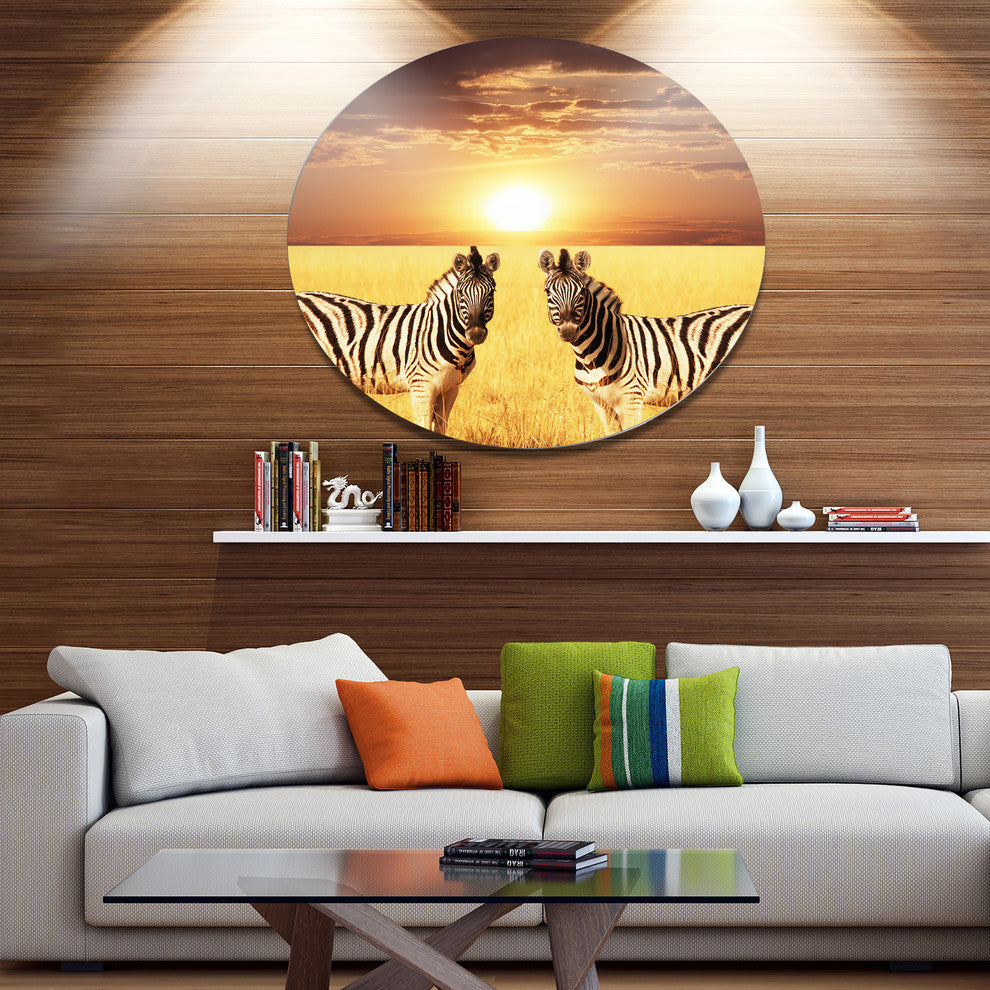 Pair Of Zebras In Field At Sunset, African Disc Metal Artwork, 23"