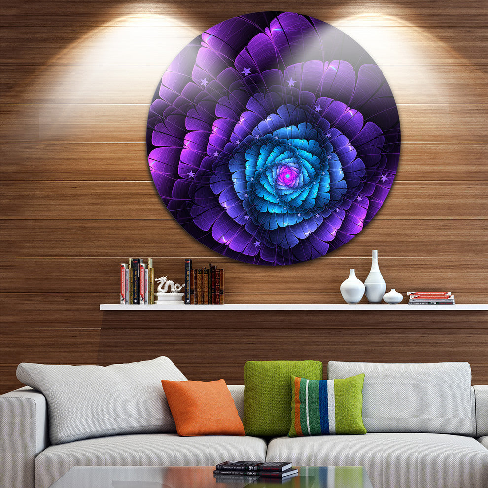 Purple Fractal Flower In Dark, Floral Abstract Disc Metal Wall Art, 11"