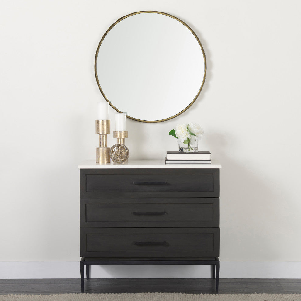 Divina Black-Brown Wood, White Marble Top and Black Metal Base Accent Cabinet
