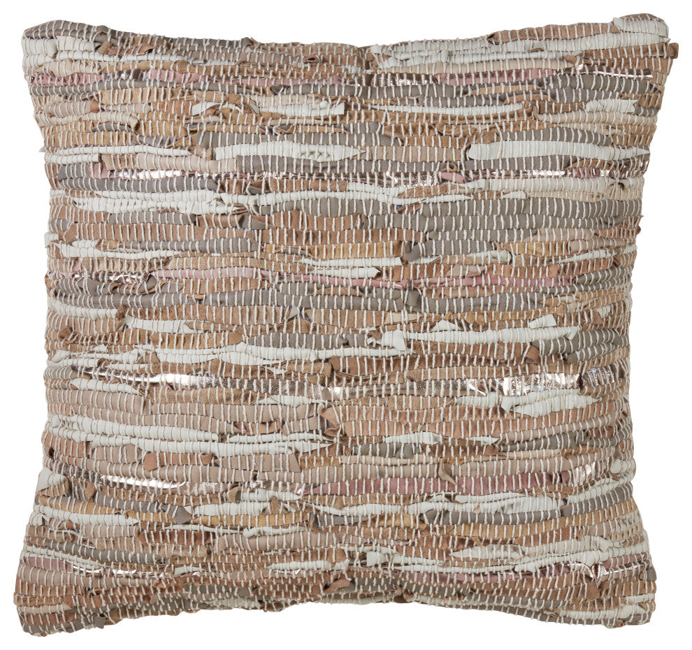 Cotton And Leather Blend Accent Pillow With Chindi Design And Down Filling