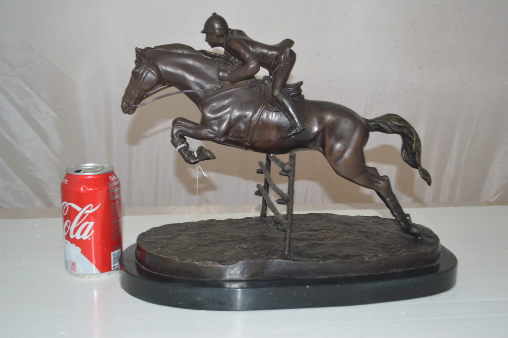 Jockey With Horse Jumping Over Hurdle Bronze Statue -  Size: 14"L x 9"W x 13"H