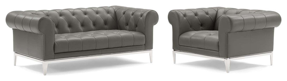 Idyll Tufted Upholstered Leather Loveseat and Armchair - Gray