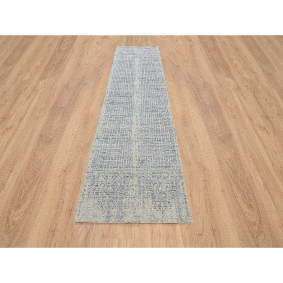 Gray, Jacquard Hand Loomed, Wool and Plant Based Silk, Runner, Rug, 2'6" x 12'0"