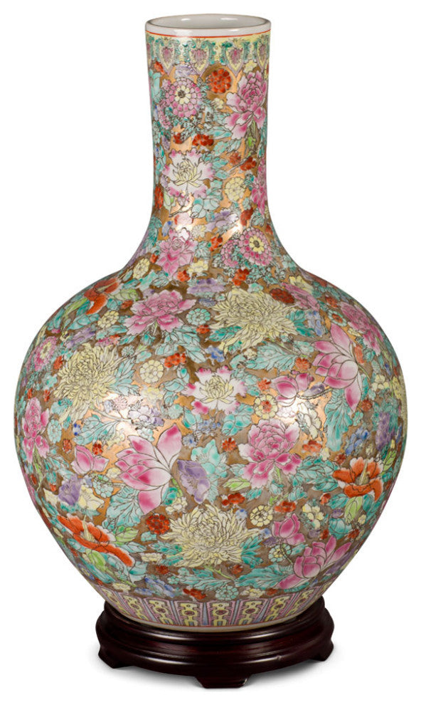Hand Painted Imperial Canton Porcelain Chinese Floral Temple Vase, With Stand