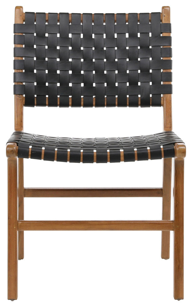 Maverick Top Grain Leather Dining Side Chair, Black Leather With Light Frame