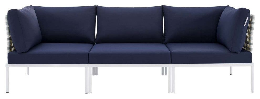 Harmony Sunbrella Basket Weave Outdoor Patio Aluminum Sofa, Taupe Navy