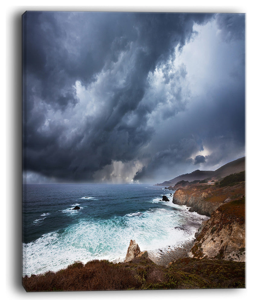"Heavy Blue Clouds And Waves" Modern Beach Canvas Art Print, 12"x20"