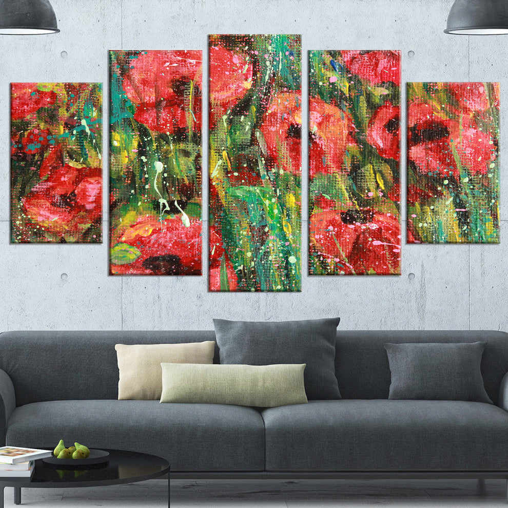Red Poppies Watercolor Drawing, Red, Floral Wall Art, 60"x32", 5 Panels