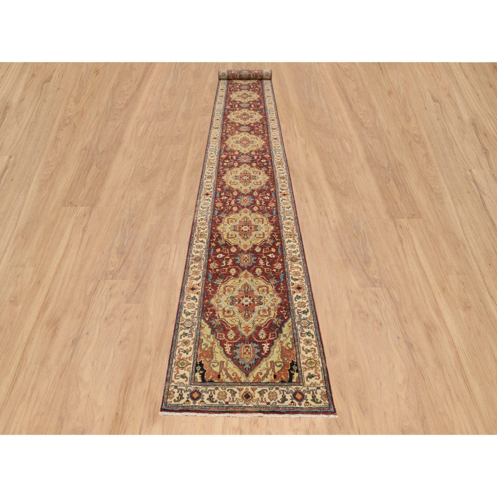 Red Hand Spun Wool Hand Knotted Antiqued Fine Heriz XL Runner Rug, 2'6"x18'2"