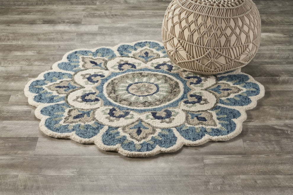 6" Round Blue Modern Floral Area Rug