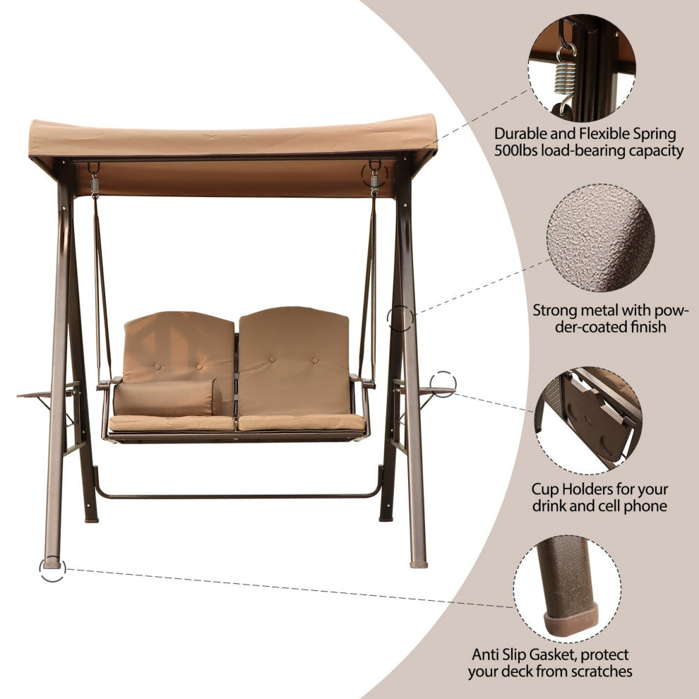 Outdoor Patio Porch Swing Chair With Adjustable Canopy and Pillow, Brown Beige