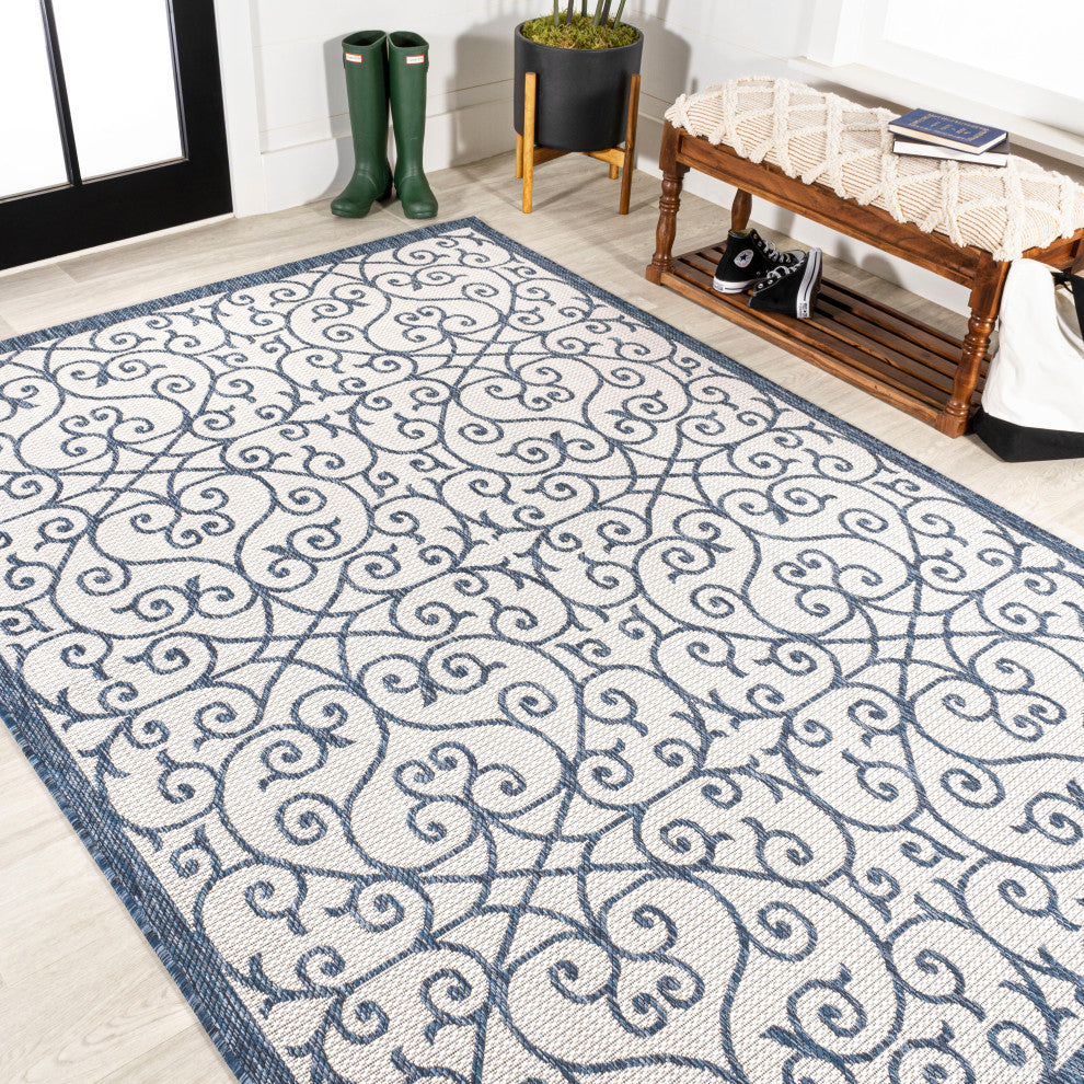 Madrid Vintage Filigree Textured Weave Indoor/Outdoor, Blue/Cream, 3 X 5