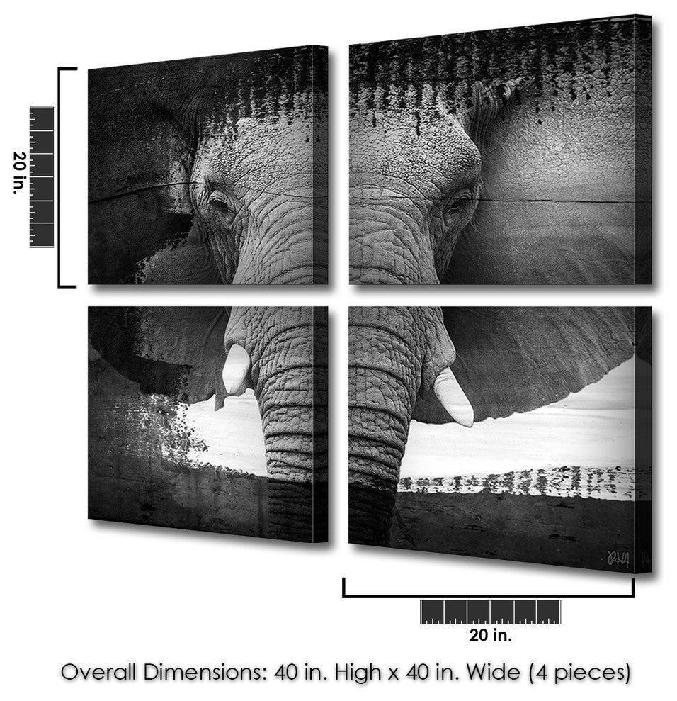 Saddle Ink Elephant VII 4 Panels, 16"x16"
