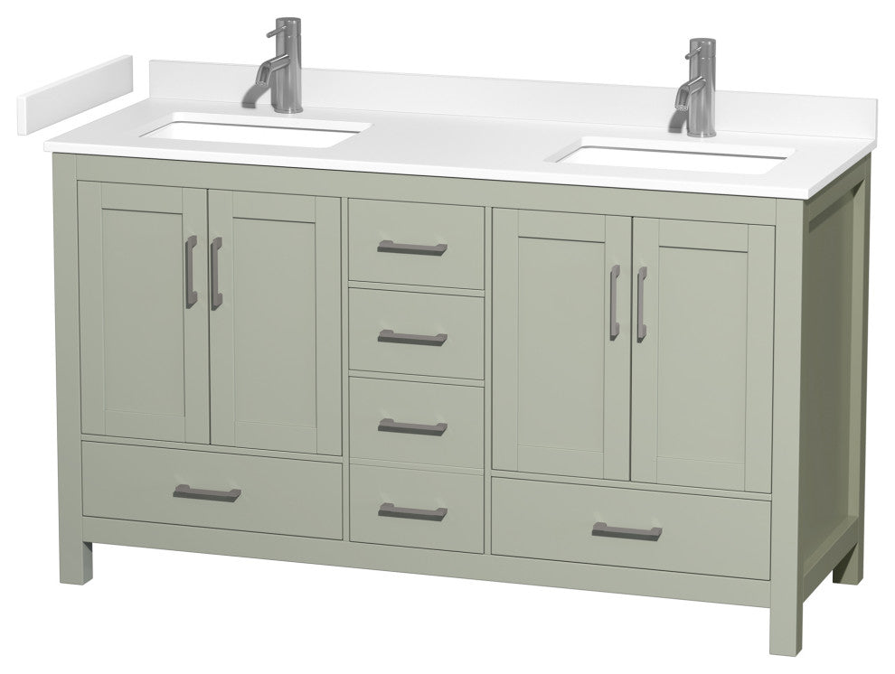 Sheffield 60" Light Green DBL Vanity, White Cult. Marble Top, Sq Sinks