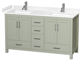 Sheffield 60" Light Green DBL Vanity, White Cult. Marble Top, Sq Sinks