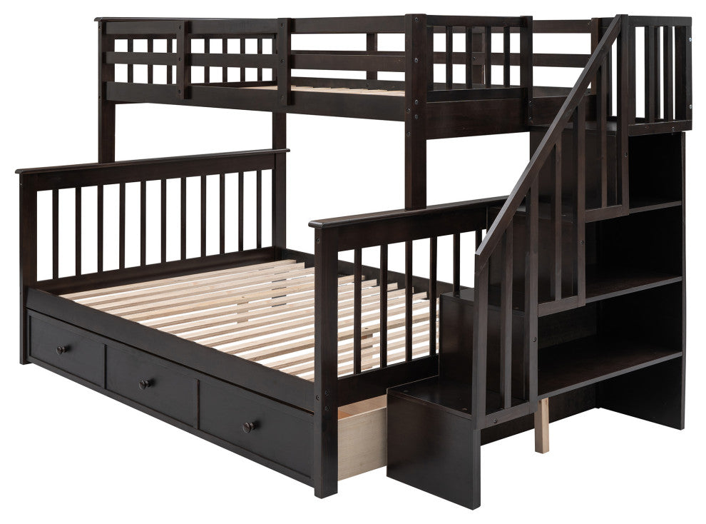 Gewnee Twin-Over-Full Bunk Bed with Drawers and Stairway in Espresso