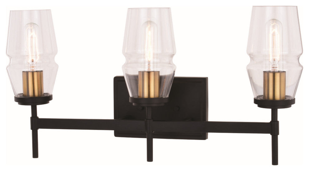 Warren Three Light Vanity, Matte Black and Brushed Brass