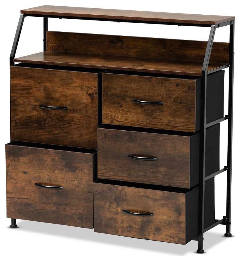Industrial Walnut Brown Finished Wood Black Metal 5-Drawer Storage Cabinet