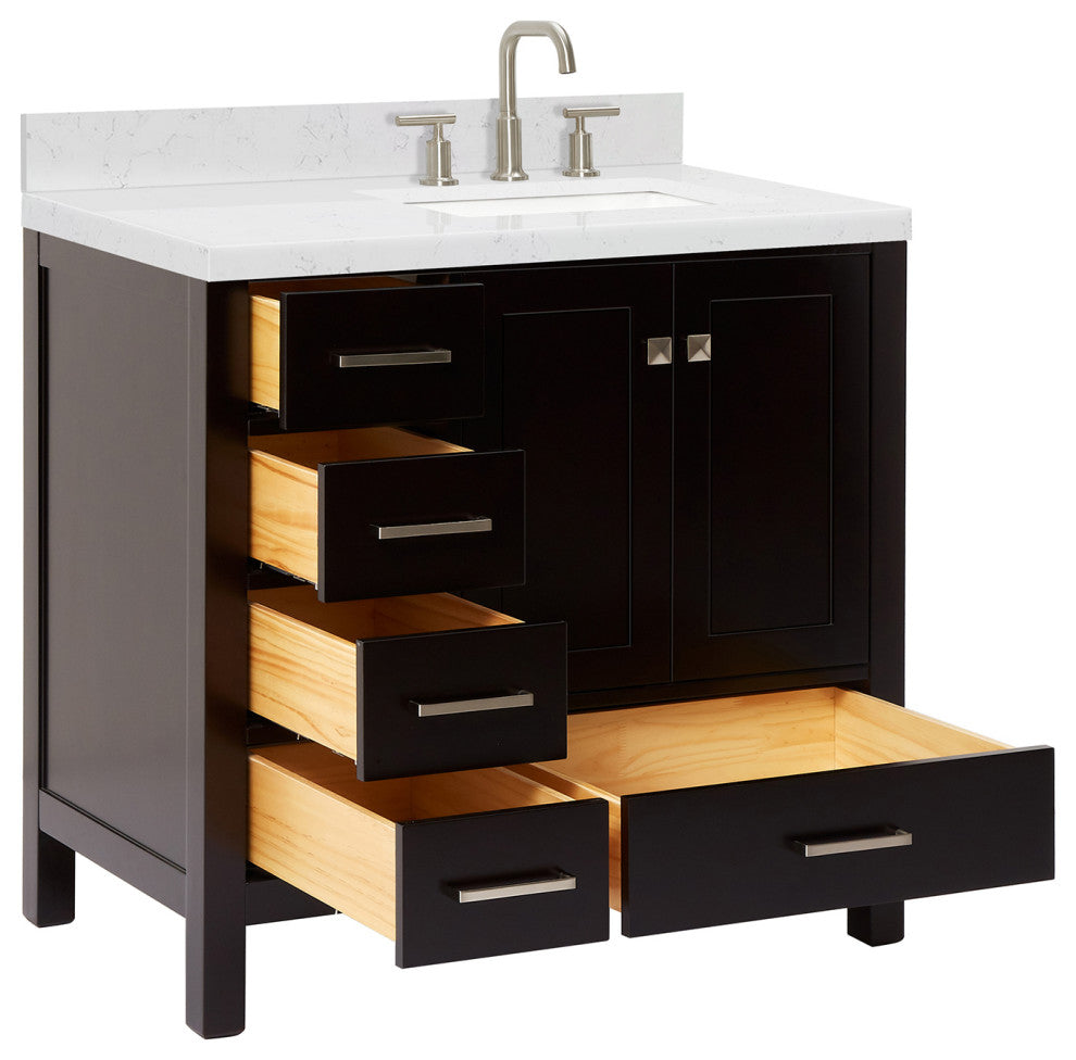 Ariel Cambridge 36" Right  Single Rectangle Sink Vanity, Carrara Quartz, Espresso