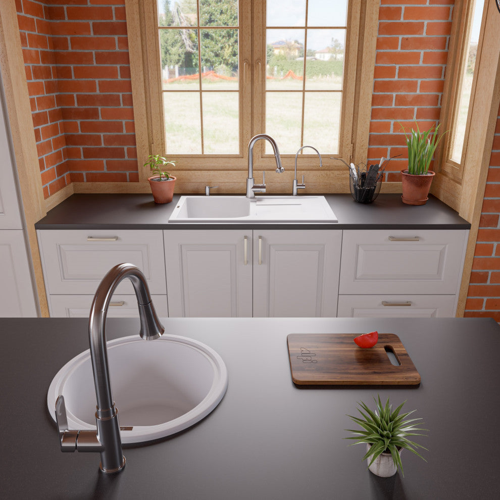 ALFI White 34" Single Bowl Granite Composite Kitchen Sink With Drainboard