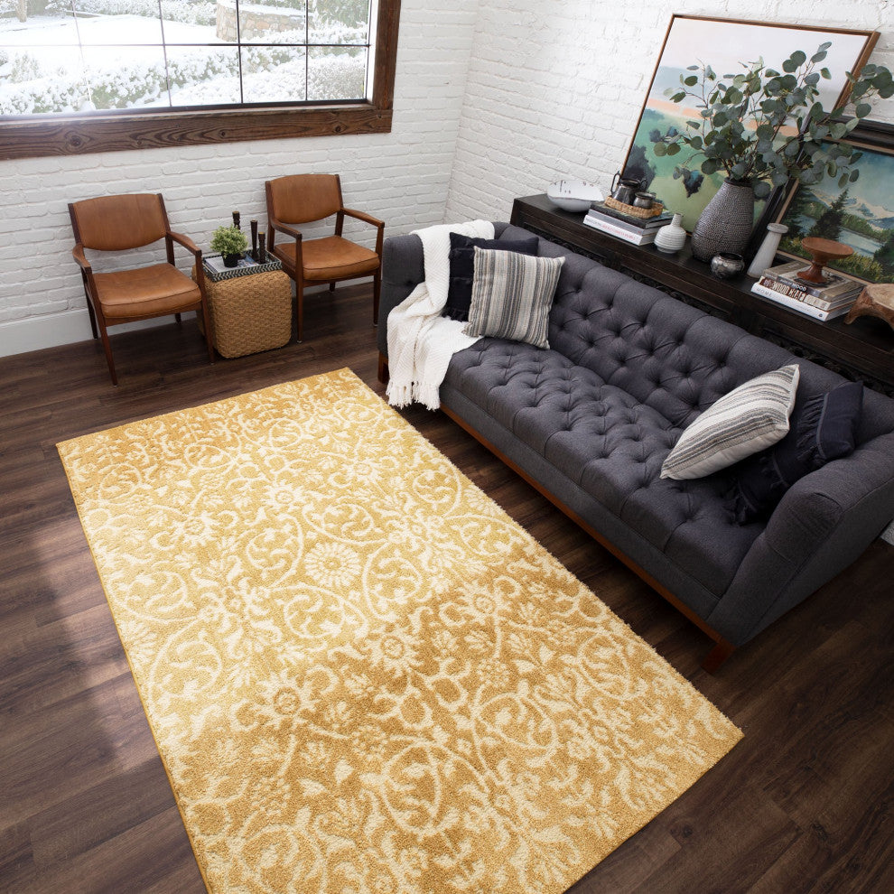 Contemporary Area Rug, Golden Polyester With Beautiful Floral Pattern, 10' X 14'